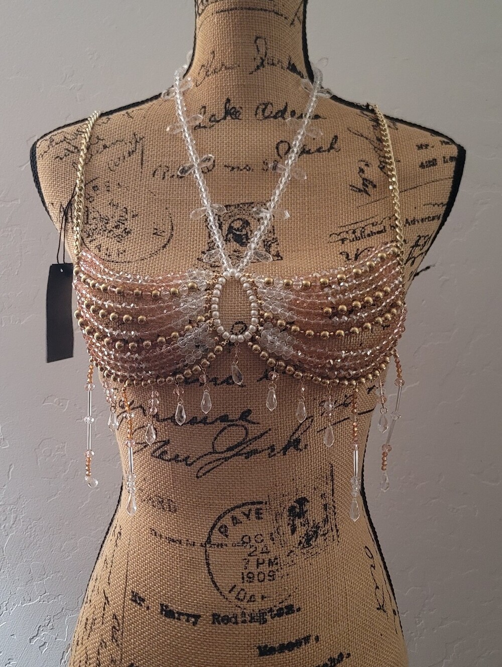crystal and Gold beaded body chain bralette One Size